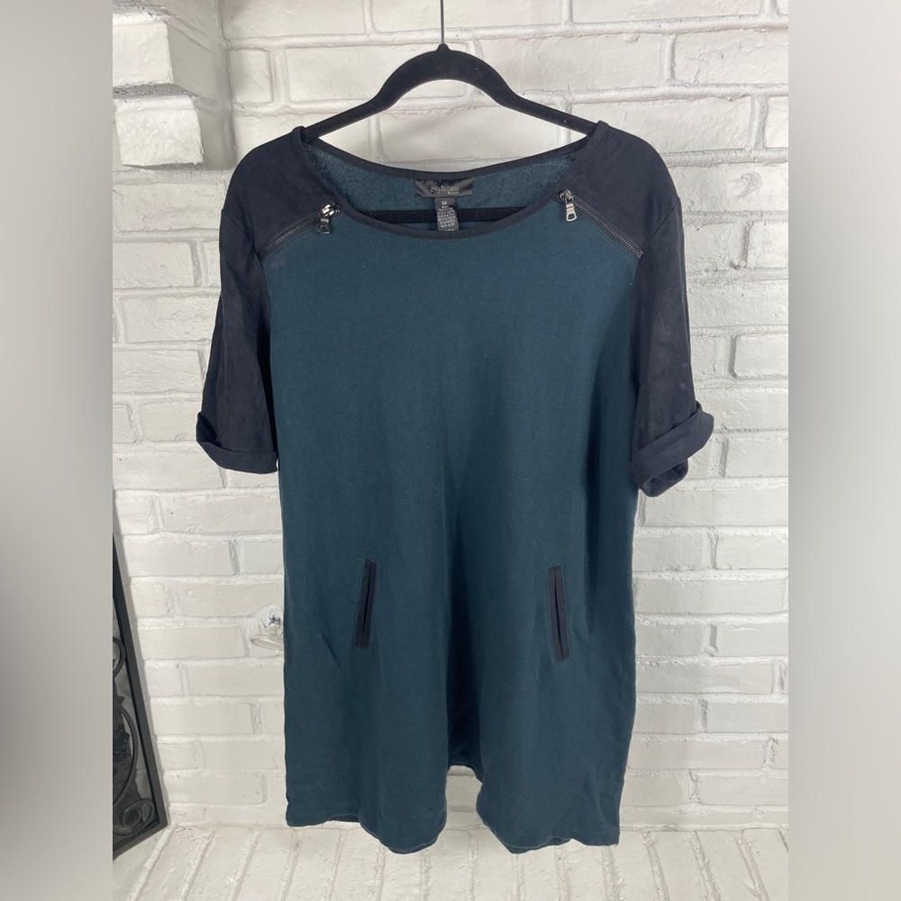 Style & Co Zip-Shoulder Tunic Dress 2X Teal Faux Suede Sleeves Normcore Cozy Chi